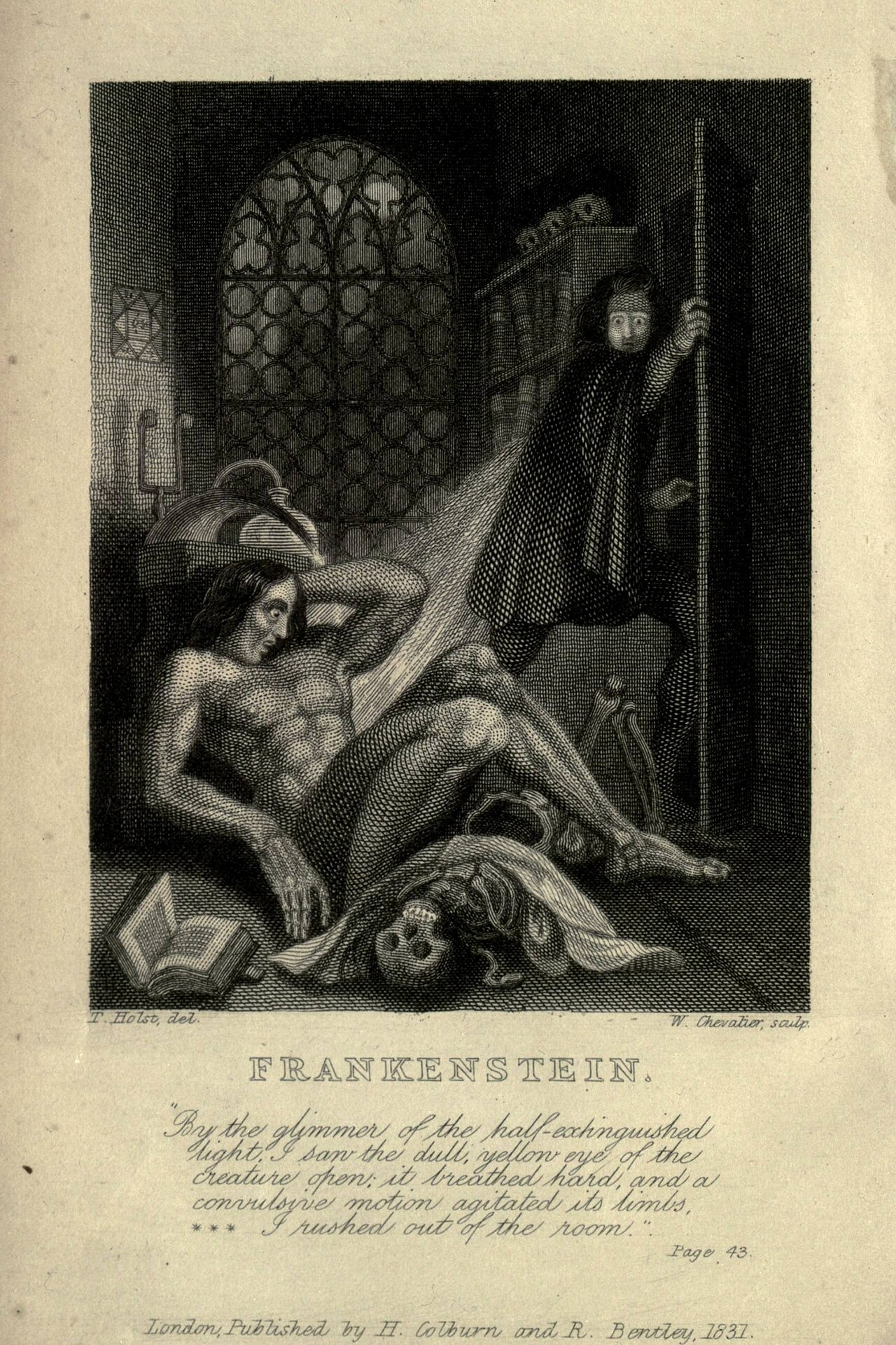 Frankenstein'in canavarı; orijinal 1831 baskısının ilk illüstrasyonlarından.