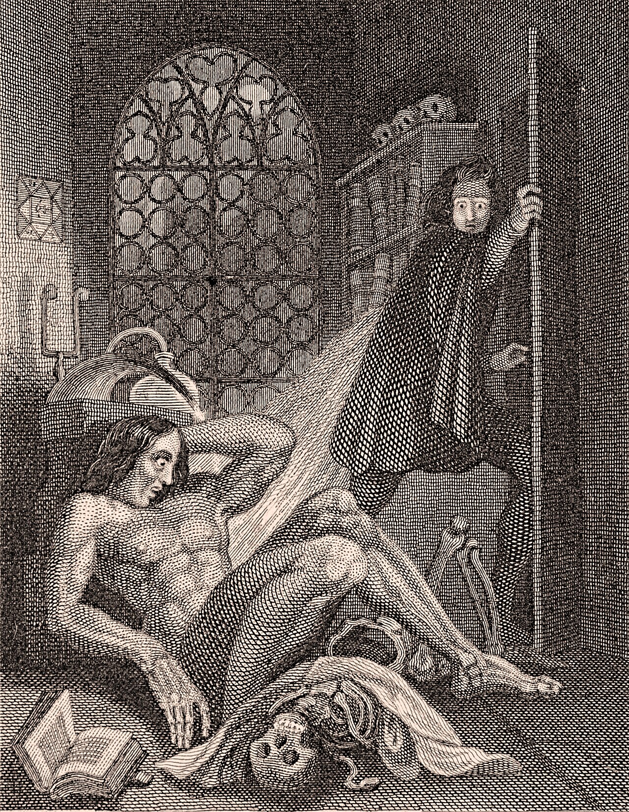 Frankenstein'ın 1831 baskısının ön sayfası: Victor, yarattığı şeyden kaçarken.