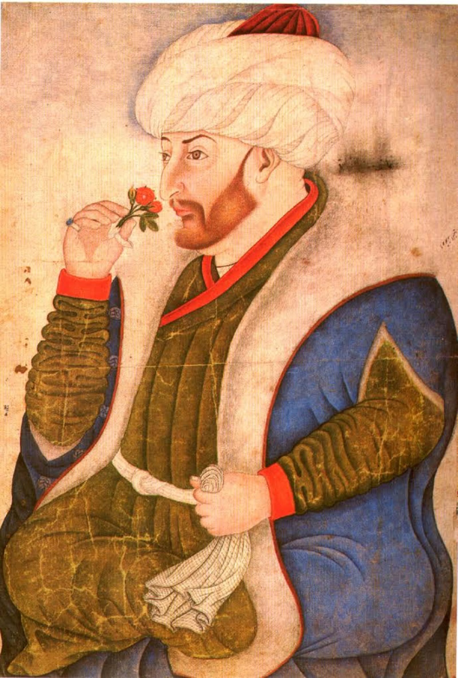 Gül koklayan Fatih, Saray Albümleri, 15. yüzyıl sonu; elinde okçu yüzüğü, yani zihgir