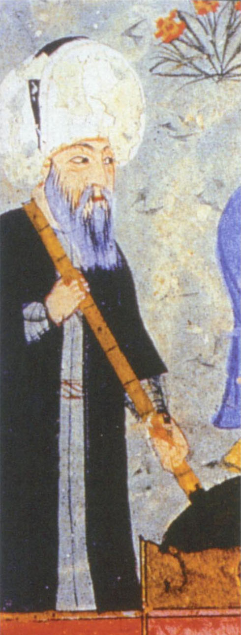 Mimar Sinan, Kanuni'nin türbesinin inşasında; Seyyid Lokman'ın 1579 tarihli eserinden minyatür ayrıntısı (Nakkaş Osman). Sinan'ın gerçek bir portresi yok