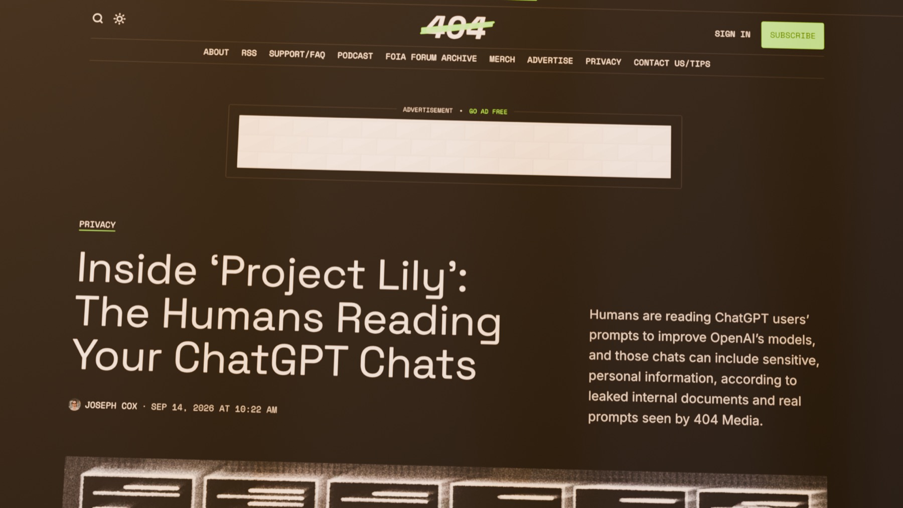 404 Media'nın 14 Eylül 2026 tarihli haberi. Joseph Cox, OpenAI'den sızan belgelerle Project Lily'yi ortaya çıkardı.