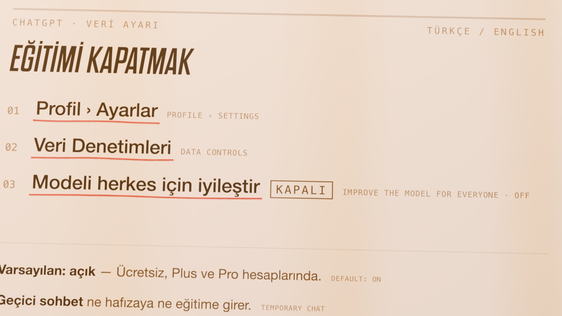 Eğitimi kapatmanın üç adımı. Ayar ücretsiz, Plus ve Pro hesaplarında açık geliyor.