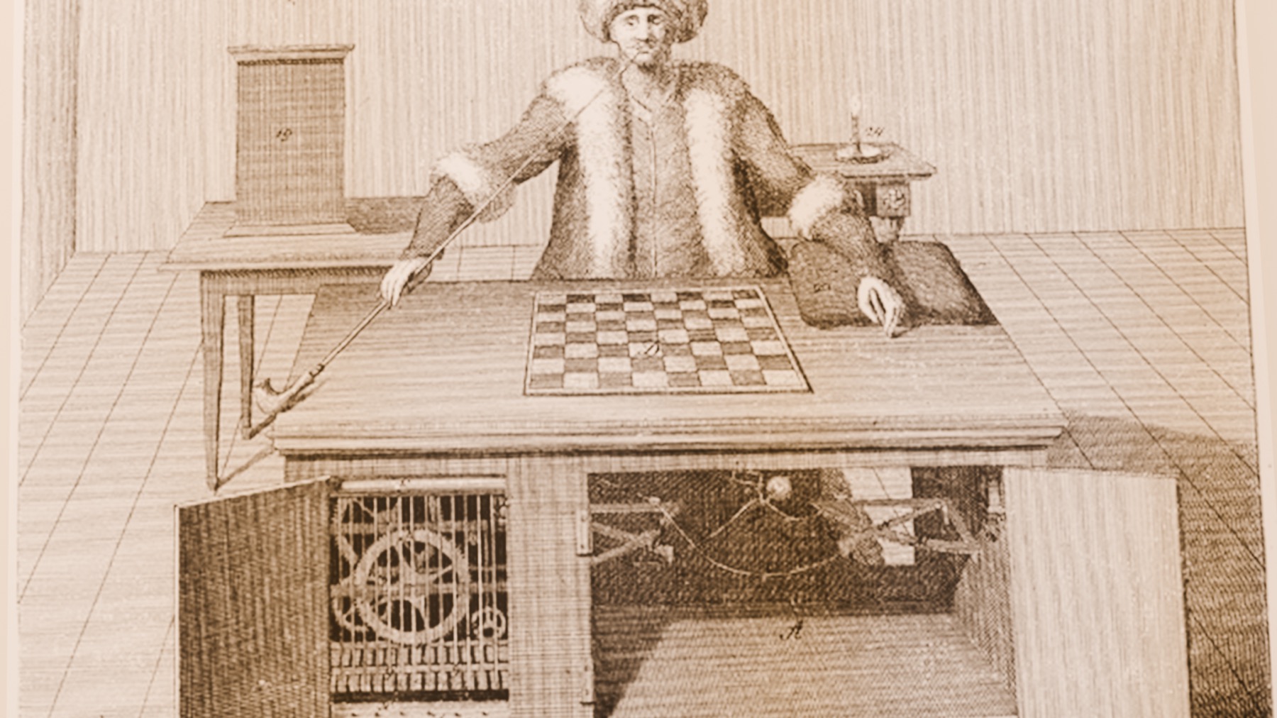 Mekanik Türk, 1789. Sarıklı, kaftanlı, tahtadan bir oyuncu; altında çarklarla dolu bir dolap.