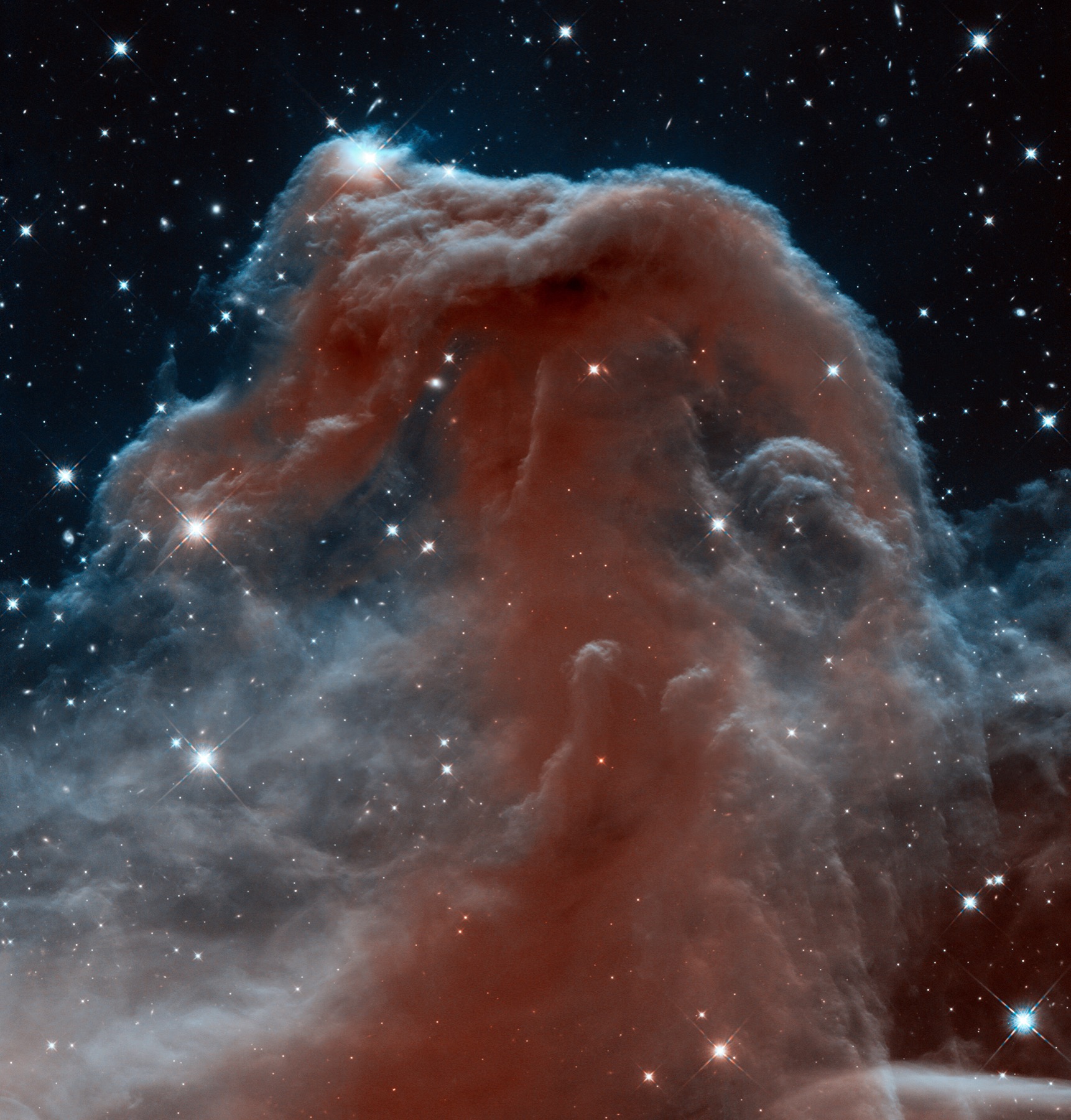 Atbaşı Bulutsusu, Hubble'ın kızılötesi bakışıyla. Işıyan gazların önündeki karanlık toz bulutu, 1600 ışık yılı uzakta.